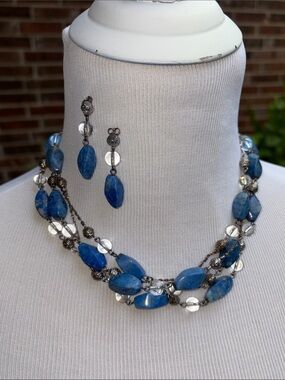 Blue Bead Multi-Strand Necklace with Silver-Tone Accents
